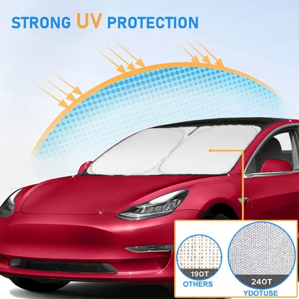 YIDEEAUTO Tesla Model 3 Windshield Sunshade, 240T Polyester for Front Tesla Model Y Window Sun Shade Cover Blocks UV Heat, Folding Sun Visor Protector Keeps Tesla Model 3/Y Cool 2016-2023